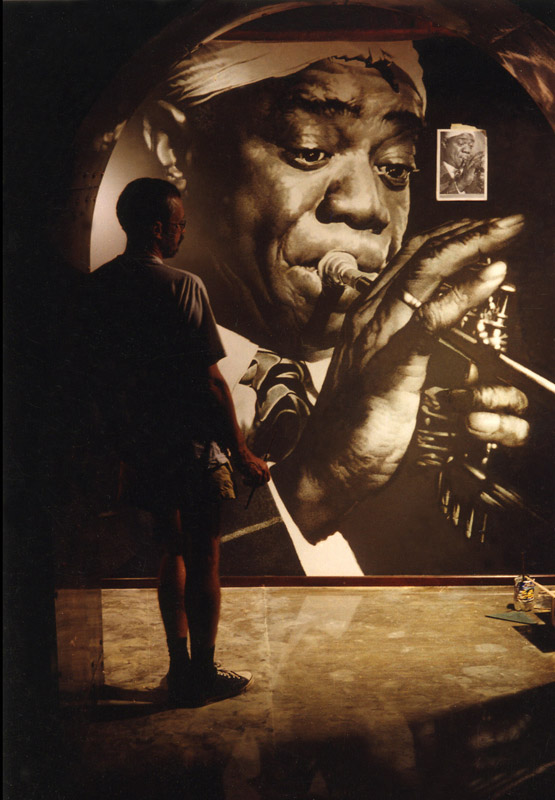 Portrait of Louis Armstrong for the Swing jazz restaurant. Painted from photographs provided by the restaurant's director. mural, acrylic (3000×2000)